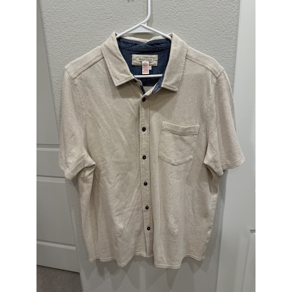 Carbon 2 Cobalt Men's Button Down S/S Shirt Light Beige Cotton/Linen L